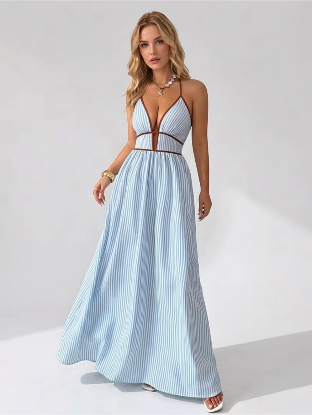 Light Blue Striped Plunge Maxi Dress with Contrast Trim